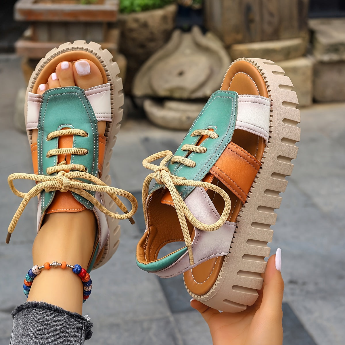 Stylish Summer Platform Sandals for Women - Comfy Cutout, Open-Toe Lace-Up, Casual Beach-Ready Footwear